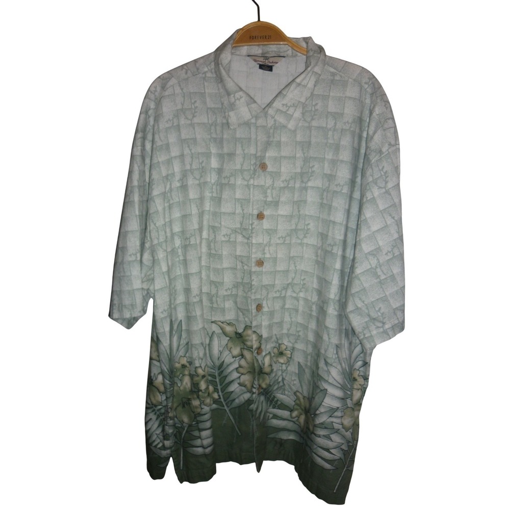 Tommy Bahama Mens Silk‎ Aloha Shirt XL Green Floral Tropical Vacation Button Up